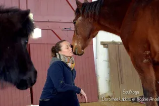 Contact coeur en coeur entre Sophie et Ecrin, magnifique cheval. Stage YogAnimal, yoga et animaux